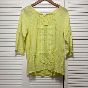 Sonoma Lightweight Popover Cotton Yellow Pleated 3/4 Sleeve Blouse Top Size M